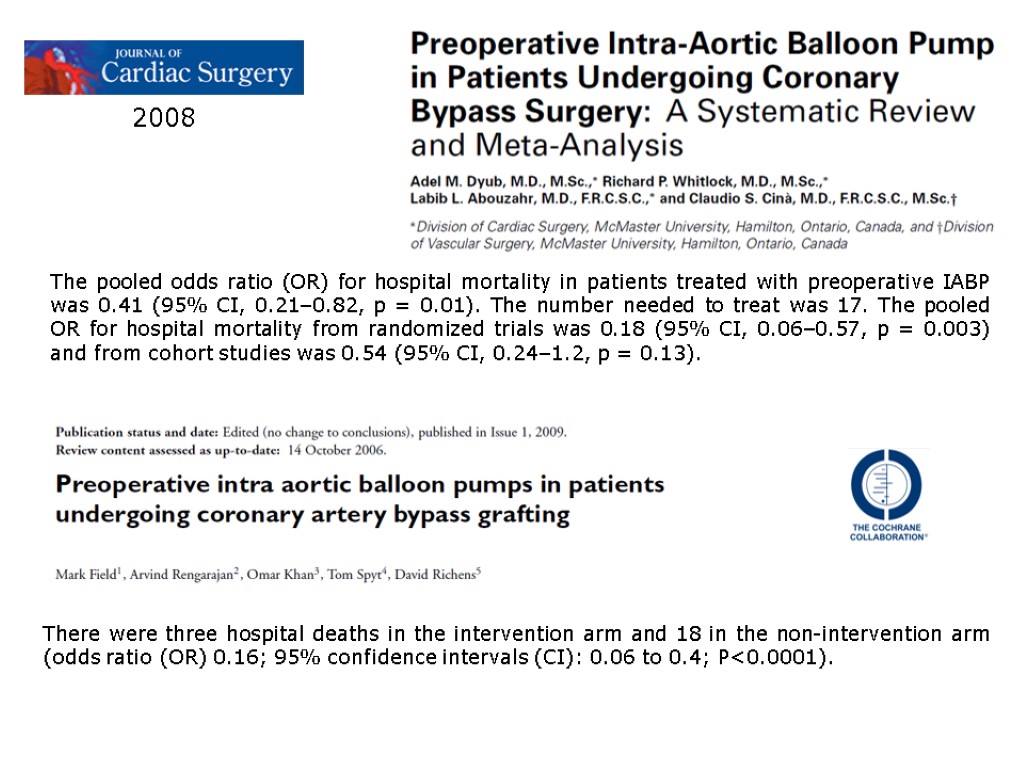 2008 The pooled odds ratio (OR) for hospital mortality in patients treated with preoperative